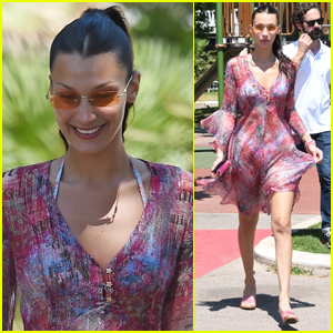 Bella Hadid Steps Out in Pretty Multi-Colored Dress for Lunch in Cannes