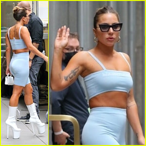 Lady Gaga Wears Matching Blue Look While Heading to Radio City Music Hall