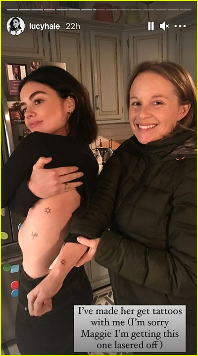 Lucy Hale with sister Maggie Clarke showing off matching sun tattoos