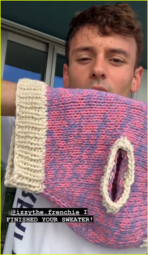 Tom knits dog sweater