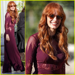Jessica Chastain Gives Off Vintage Vibes in Berry Jumpsuit in Venice