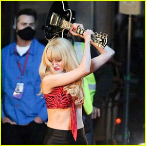 Emmy Rossum Smashes a Guitar While Filming a Scene for 'Angelyne' Series