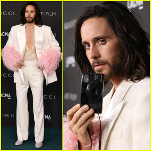 Jared Leto Wears White Suit with Pink Feathered Sleeves to LACMA Gala 2021