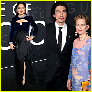 Salma Hayek Wows In Velvet For 'House of Gucci' NYC Premiere with Adam Driver