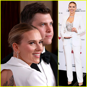 Scarlett Johansson Wears Backless Jacket, Gets Colin Jost's Support at American Cinematheque Event