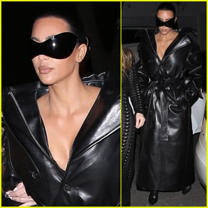 Kim Kardashian Wears Large Sunglasses and Black Leather Trench Coat to Art Gallery Event