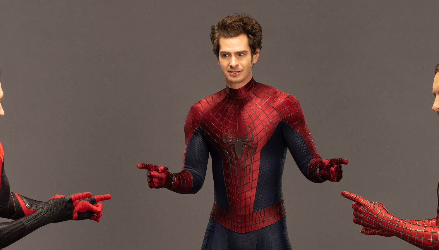 Tom Holland, Andrew Garfield, and Tobey Maguire are all pointing at each ot...