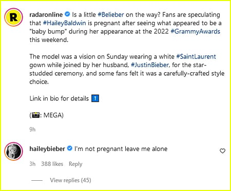 Hailey Bieber comment on pregnancy rumors