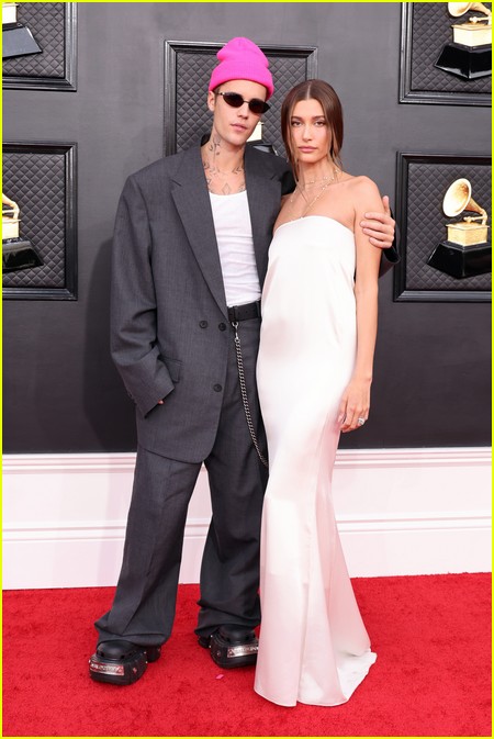 Justin Bieber and Hailey Bieber on the Grammys 2022 red carpet