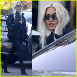 Kim Kardashian Pairs Bleached Blonde Hair with All Black Outfit for Saturday Outing