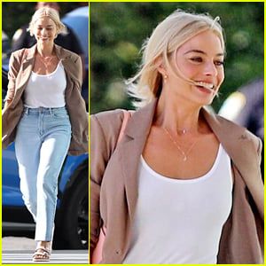 Margot Robbie Spotted in Casual Outfit on the 'Barbie' Set