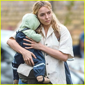 Jodie Comer Carries A Fake Baby On The Set of 'The End We Start From'