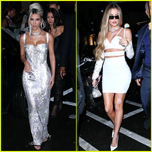 Kim Kardashian Shimmers in Silver Dress at D&amp;G After Party with Khloe Kardashian (Photos)