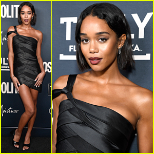 Laura Harrier Stuns in Classic Black Dress at 'Cosmopolitan' Cover Party