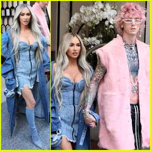 Megan Fox Channels Britney Spears in Denim Dress While Out With Machine Gun Kelly in Paris