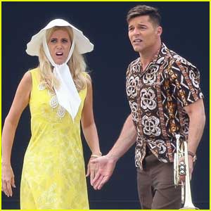 Kristen Wiig Wears Yellow Dress & Hat While Filming 'Mrs. American Pie' with Ricky Martin