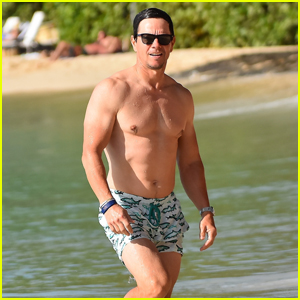 Mark Wahlberg Wears Shark-Print Swim Trunks for Beach Day in Barbados