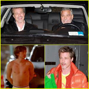 Brad Pitt & George Clooney Chase After a Scantily Dressed Austin Abrams While Filming Their New Movie 'Wolves'