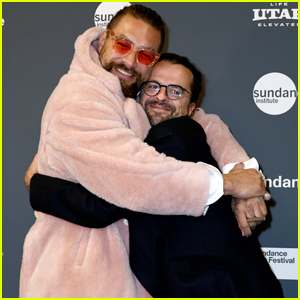 Jason Momoa hugs director Matthieu Rytz at the premiere of Deep Rising at Sundance 2023