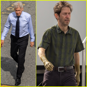 Harrison Ford & Tim Blake Nelson (Wearing Green Paint on His Hands) Get to Work on Set 'Captain America 4'