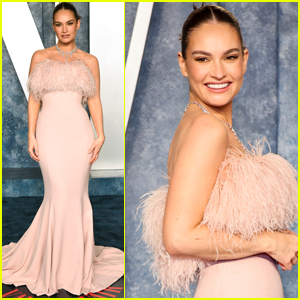 Lily James Goes Pretty in Blush-Colored Dress for Vanity Fair Oscar Party 2023