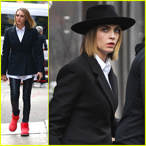 Cara Delevingne Wears Flat Top Hat & Pink Slippers on 'AHS' Set in NYC