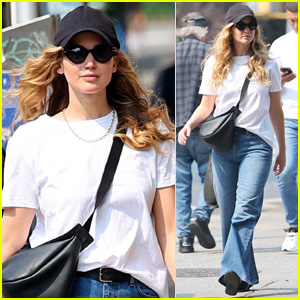 Jennifer Lawrence Sports T-Shirt & Jeans For Walk with a Friend in NYC