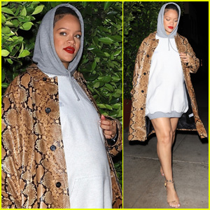 Rihanna Pairs Snakeskin-Print Coat with Hoodie for Night Out in Santa Monica